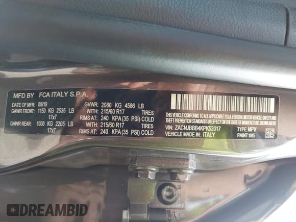 ✅ 2019 Jeep Renegade Latitude • VIN: ZACNJBBB4KPK52017 • Lot: 42505604. Listed on IAAI with 19,040 mi. Free auction sales archive from the USA and detailed vehicle history report at DreamBid. Image 9.