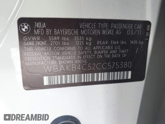 ✅ 2012 BMW 7 Series 740Li • VIN: WBAKB4C52CC575380 • Lot: 42270857. Listed on IAAI with 135,014 mi. Free auction sales archive from the USA and detailed vehicle history report at DreamBid. Image 9.