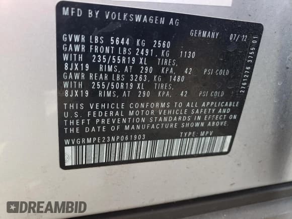 ✅ 2022 Volkswagen ID.4 Pro • VIN: WVGRMPE23NP061903 • Lot: 62135353. Listed on Copart with 10,722 mi. Free auction sales archive from the USA and detailed vehicle history report at DreamBid. Image 13.