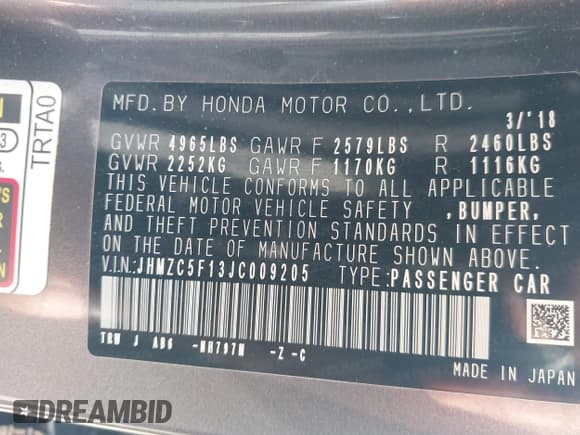 ✅ 2018 Honda Clarity • VIN: JHMZC5F13JC009205 • Lot: 42985550. Wystawiony na IAAI z przebiegiem 82 251 mil. Bezpłatny archiwum sprzedaży aukcyjnych z USA i szczegółowy raport historii pojazdu na DreamBid. Zdjęcie 9.