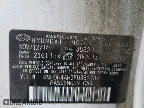 ✅ 2015 Hyundai Elantra Sport • VIN: KMHDH4AH3FU382737 • Lot: 90008505. Listed on Copart with Not provided. Free auction sales archive from the USA and detailed vehicle history report at DreamBid. Image 12.