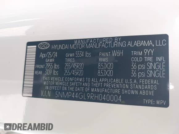 2024 Hyundai Santa Fe Limited с VIN 5NMP44GL9RH040004, выставлен на аукционе IAAI как лот 41803763 с пробегом 2 552 миль миль и . История ставок и продаж доступна на DreamBid. Изображение 9.
