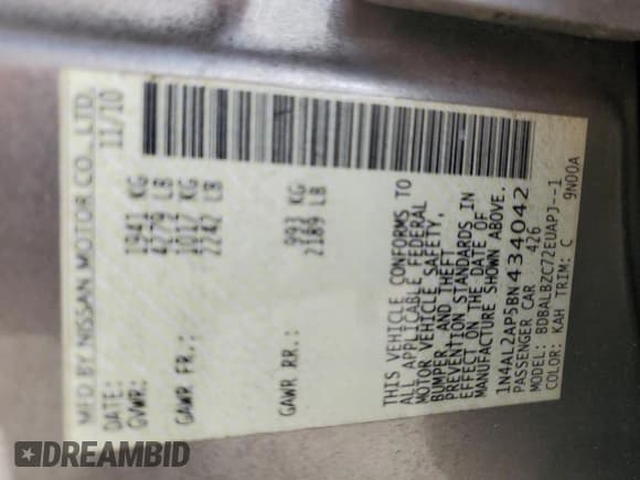 ✅ 2011 Nissan Altima SL • VIN: 1N4AL2AP5BN434042 • Lot: 86846075. Listed on Copart with 121,068 mi. Free auction sales archive from the USA and detailed vehicle history report at DreamBid. Image 12.