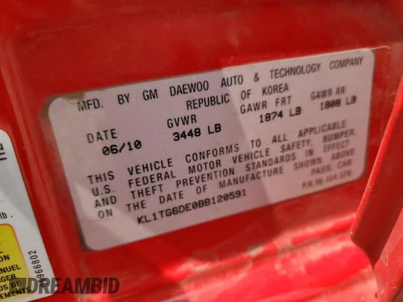 ✅ 2011 Chevrolet Aveo 2LT • VIN: KL1TG6DE0BB120591 • Lot: 67136855. Listed on Copart with 123,680 mi. Free auction sales archive from the USA and detailed vehicle history report at DreamBid. Image 14.