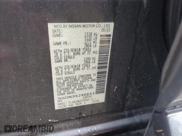 ✅ 2015 Nissan Murano S • VIN: 5N1AZ2MG3FN246643 • Lot: 89804215. Listed on Copart with 107,089 mi. Free auction sales archive from the USA and detailed vehicle history report at DreamBid. Image 13.