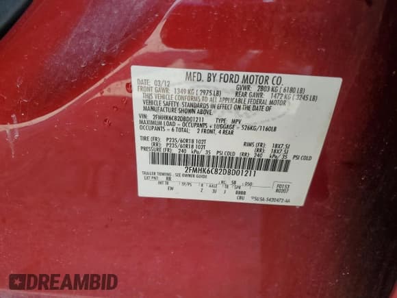 ✅ 2013 Ford Flex SEL • VIN: 2FMHK6C82DBD01211 • Lot: 60334595. Listed on Copart with 137,558 mi. Free auction sales archive from the USA and detailed vehicle history report at DreamBid. Image 13.