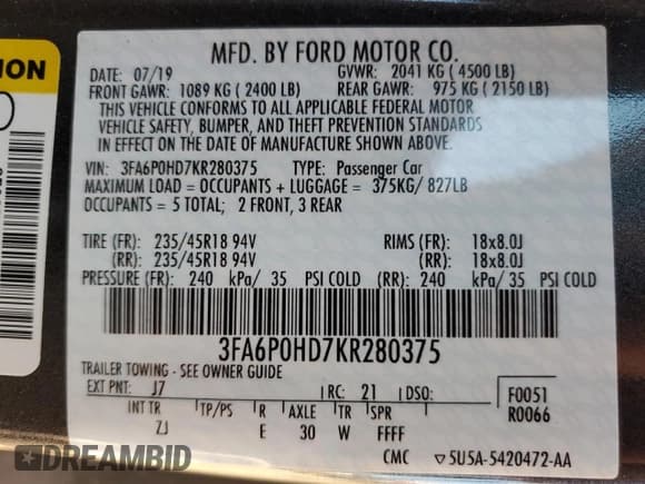 ✅ 2019 Ford Fusion SE • VIN: 3FA6P0HD7KR280375 • Lot: 80432465. Wystawiony na Copart z przebiegiem 99 729 mil. Bezpłatny archiwum sprzedaży aukcyjnych z USA i szczegółowy raport historii pojazdu na DreamBid. Zdjęcie 13.