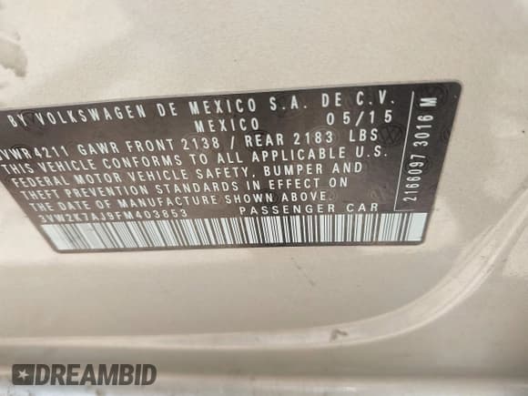 ✅ 2015 Volkswagen Jetta S • VIN: 3VW2K7AJ9FM403853 • Lot: 42344047. Listed on IAAI with 109,145 mi. Free auction sales archive from the USA and detailed vehicle history report at DreamBid. Image 9.