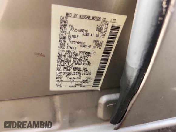 ✅ 2005 Nissan Quest • VIN: 5N1BV28U35N111029 • Lot: 82740345. Listed on Copart with 211,097 mi. Free auction sales archive from the USA and detailed vehicle history report at DreamBid. Image 13.