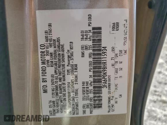 ✅ 2017 Ford Fusion Titanium • VIN: 3FA6P0K98HR115934 • Lot: 94066135. Listed on Copart with 197,147 mi. Free auction sales archive from the USA and detailed vehicle history report at DreamBid. Image 12.