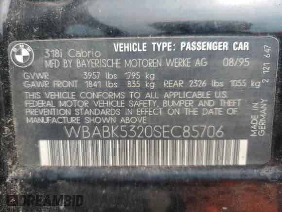 ✅ 1995 BMW 3 Series 318i • VIN: WBABK5320SEC85706 • Лот: 68200175. Опубликован ранее на Copart с пробегом 112 075 миль. Бесплатный доступ к архиву аукционных продаж из США и подробный отчёт об истории автомобиля на DreamBid. Изображение 12.