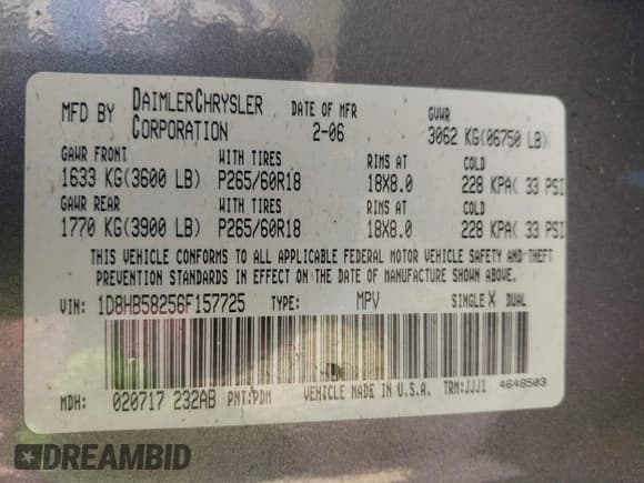 ✅ 2006 Dodge Durango Limited • VIN: 1D8HB58256F157725 • Lot: 42646331. Wystawiony na IAAI z przebiegiem 172 887 mil. Bezpłatny archiwum sprzedaży aukcyjnych z USA i szczegółowy raport historii pojazdu na DreamBid. Zdjęcie 9.