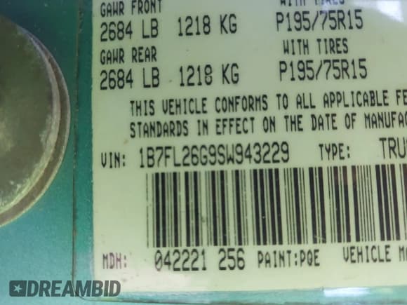 ✅ 1995 Dodge Dakota • VIN: 1B7FL26G9SW943229 • Lot: 43673414. Wystawiony na IAAI z przebiegiem 162 680 mil. Bezpłatny archiwum sprzedaży aukcyjnych z USA i szczegółowy raport historii pojazdu na DreamBid. Zdjęcie 9.