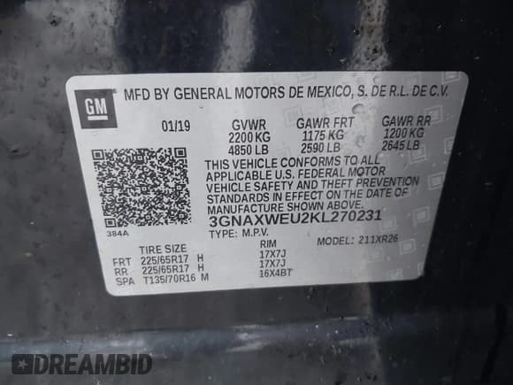 ✅ 2019 Chevrolet Equinox LT • VIN: 3GNAXWEU2KL270231 • Лот: 41516221. Опубликован ранее на IAAI с пробегом 168 244 миль. Бесплатный доступ к архиву аукционных продаж из США и подробный отчёт об истории автомобиля на DreamBid. Изображение 9.