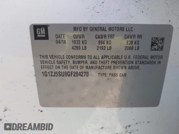 ✅ 2016 Chevrolet Malibu Hybrid • VIN: 1G1ZJ5SU8GF284270 • Lot: 43435771. Listed on IAAI with 96,484 mi. Free auction sales archive from the USA and detailed vehicle history report at DreamBid. Image 9.