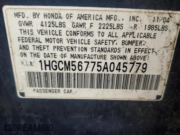 ✅ 2005 Honda Accord EX • VIN: 1HGCM56775A045779 • Lot: 82780505. Listed on Copart with 262,433 mi. Free auction sales archive from the USA and detailed vehicle history report at DreamBid. Image 12.