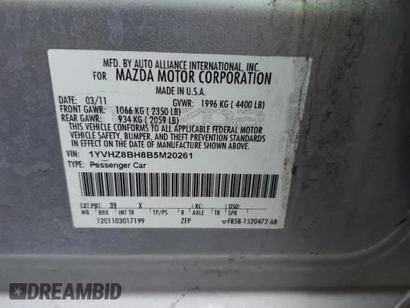 ✅ 2011 Mazda 6 i Sport • VIN: 1YVHZ8BH8B5M20261 • Lot: 84264095. Listed on Copart with 174,276 mi. Free auction sales archive from the USA and detailed vehicle history report at DreamBid. Image 12.