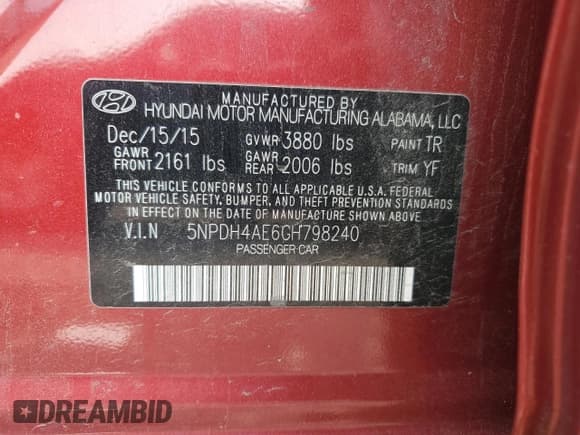 ✅ 2016 Hyundai Elantra SE • VIN: 5NPDH4AE6GH798240 • Lot: 71790545. Listed on Copart with 95,708 mi. Free auction sales archive from the USA and detailed vehicle history report at DreamBid. Image 12.