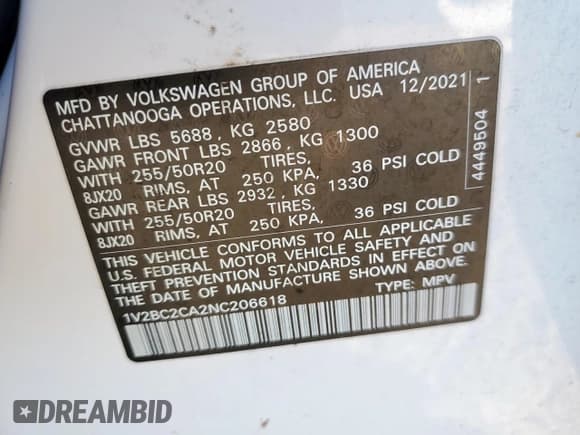 ✅ 2022 Volkswagen Atlas SEL • VIN: 1V2BC2CA2NC206618 • Lot: 91690595. Listed on Copart with 129,964 mi. Free auction sales archive from the USA and detailed vehicle history report at DreamBid. Image 14.