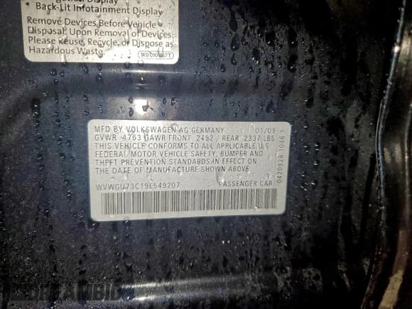 ✅ 2009 Volkswagen CC 4Motion • VIN: WVWGU73C19E549207 • Лот: 94996755. Опубликован ранее на Copart с пробегом Не указан. Бесплатный доступ к архиву аукционных продаж из США и подробный отчёт об истории автомобиля на DreamBid. Изображение 12.