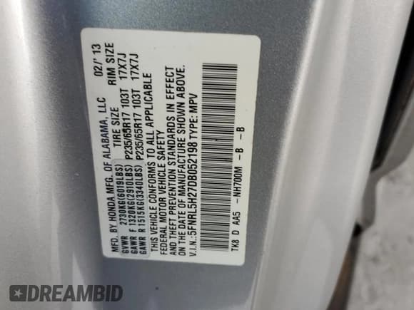 ✅ 2013 Honda Odyssey LX • VIN: 5FNRL5H27DB052198 • Lot: 85646085. Listed on Copart with 130,530 mi. Free auction sales archive from the USA and detailed vehicle history report at DreamBid. Image 13.