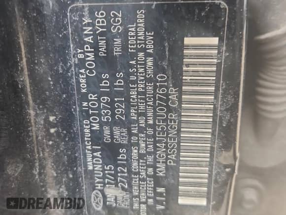 2015 Hyundai Genesis 3.8L with VIN KMHGN4JE5FU077610, listed as a Copart auction lot 81951665 with Not provided miles and Salvage title. Bid and sale history available at DreamBid. Image 12.