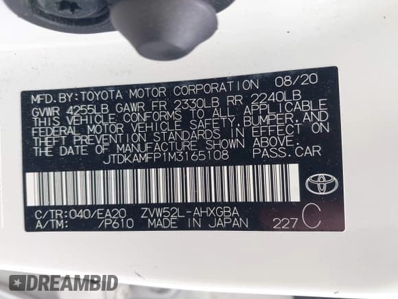 ✅ 2021 Toyota Prius LE • VIN: JTDKAMFP1M3165108 • Lot: 42484983. Listed on IAAI with 67,829 mi. Free auction sales archive from the USA and detailed vehicle history report at DreamBid. Image 9.