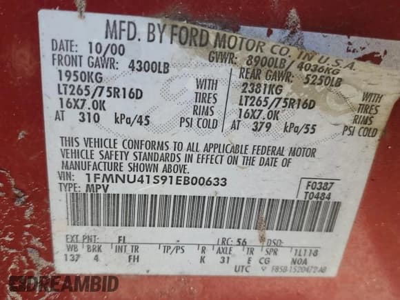 ✅ 2001 Ford Excursion XLT • VIN: 1FMNU41S91EB00633 • Lot: 82747134. Listed on Copart with 334,564 mi. Free auction sales archive from the USA and detailed vehicle history report at DreamBid. Image 13.