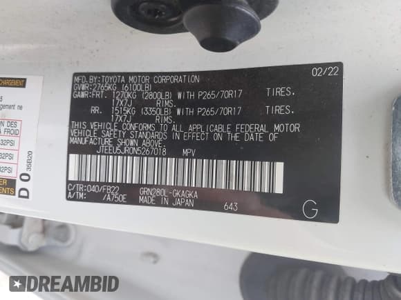 ✅ 2022 Toyota 4Runner SR5 • VIN: JTEEU5JR0N5267018 • Lot: 43524147. Listed on IAAI with 69,548 mi. Free auction sales archive from the USA and detailed vehicle history report at DreamBid. Image 9.