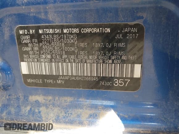 ✅ 2017 Mitsubishi Outlander ES • VIN: JA4AP3AU6HZ066945 • Lot: 42678678. Listed on IAAI with 192,440 mi. Free auction sales archive from the USA and detailed vehicle history report at DreamBid. Image 9.