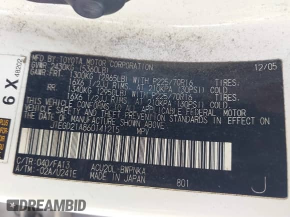 2006 Toyota Highlander z VIN JTEGD21A860141215, wystawiony jako IAAI lot #42571223 z przebiegiem Nie podano mil oraz . Historia ofert i sprzedaży dostępna na DreamBid. Obrazek 9.