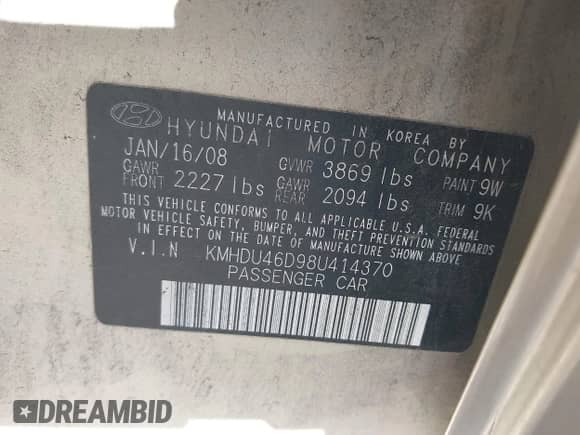 2008 Hyundai Elantra GLS z VIN KMHDU46D98U414370, wystawiony jako IAAI lot #43529704 z przebiegiem 153 821 mil mil oraz . Historia ofert i sprzedaży dostępna na DreamBid. Obrazek 9.