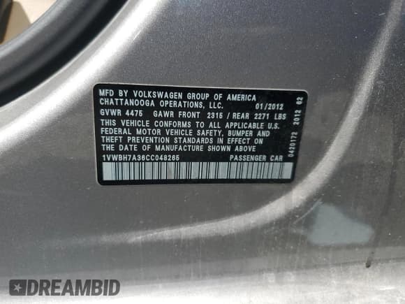 ✅ 2012 Volkswagen Passat SE • VIN: 1VWBH7A36CC048265 • Лот: 64986175. Опубликован ранее на Copart с пробегом 148 217 миль. Бесплатный доступ к архиву аукционных продаж из США и подробный отчёт об истории автомобиля на DreamBid. Изображение 13.