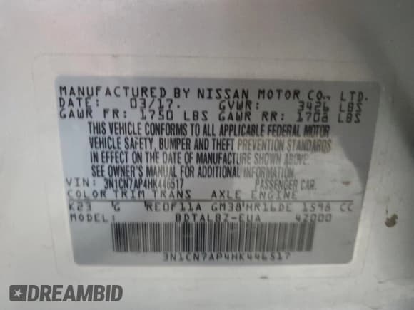 ✅ 2017 Nissan Versa SV • VIN: 3N1CN7AP4HK446517 • Lot: 93260645. Listed on Copart with 116,109 mi. Free auction sales archive from the USA and detailed vehicle history report at DreamBid. Image 13.