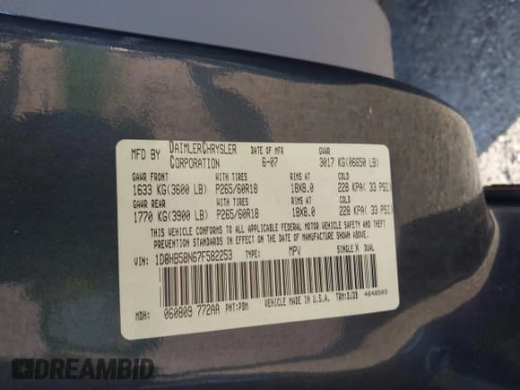 ✅ 2007 Dodge Durango Limited • VIN: 1D8HB58N67F582253 • Лот: 42980695. Опубликован ранее на IAAI с пробегом 127 964 миль. Бесплатный доступ к архиву аукционных продаж из США и подробный отчёт об истории автомобиля на DreamBid. Изображение 9.