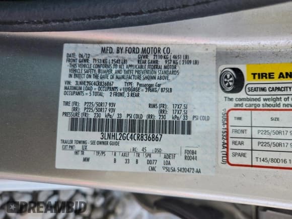 ✅ 2012 Lincoln MKZ • VIN: 3LNHL2GC4CR836867 • Lot: 95761545. Listed on Copart with 71,439 mi. Free auction sales archive from the USA and detailed vehicle history report at DreamBid. Image 12.