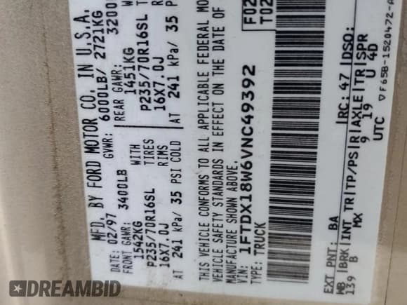 ✅ 1997 Ford F-150 XL • VIN: 1FTDX18W6VNC49392 • Лот: 91505775. Опубликован ранее на Copart с пробегом 116 447 миль. Бесплатный доступ к архиву аукционных продаж из США и подробный отчёт об истории автомобиля на DreamBid. Изображение 12.