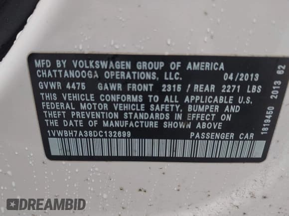 ✅ 2013 Volkswagen Passat SE • VIN: 1VWBH7A38DC132699 • Лот: 43750347. Опубликован ранее на IAAI с пробегом 167 798 миль. Бесплатный доступ к архиву аукционных продаж из США и подробный отчёт об истории автомобиля на DreamBid. Изображение 9.