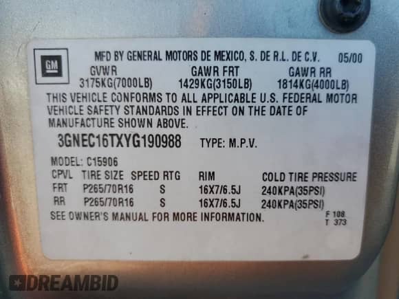 2000 Chevrolet Suburban LS с VIN 3GNEC16TXYG190988, выставлен на аукционе Copart как лот 80372284 с пробегом 152 279 миль миль и Списание • Salvage title. История ставок и продаж доступна на DreamBid. Изображение 15.