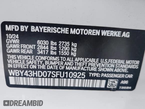 ✅ 2025 BMW i4 xDrive40 • VIN: WBY43HD07SFU10925 • Лот: 43231146. Опубликован ранее на IAAI с пробегом 3 422 миль. Бесплатный доступ к архиву аукционных продаж из США и подробный отчёт об истории автомобиля на DreamBid. Изображение 9.