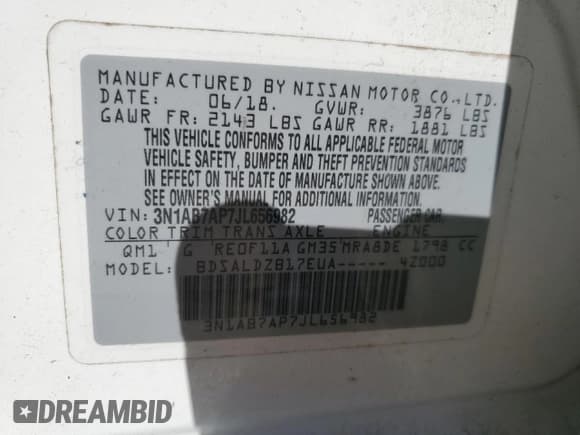 ✅ 2018 Nissan Sentra SV • VIN: 3N1AB7AP7JL656982 • Lot: 86796955. Listed on Copart with 82,571 mi. Free auction sales archive from the USA and detailed vehicle history report at DreamBid. Image 13.