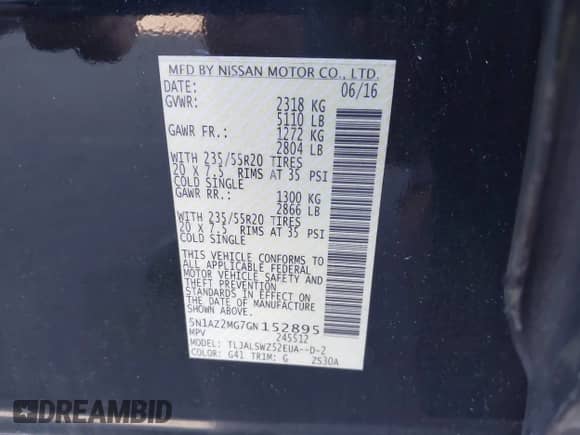 2016 Nissan Murano Platinum with VIN 5N1AZ2MG7GN152895, listed as a IAAI auction lot 43490203 with 102,912 mi miles and . Bid and sale history available at DreamBid. Image 9.