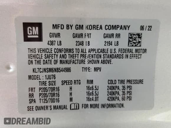 ✅ 2022 Chevrolet Trax LS • VIN: KL7CJNSM6NB544986 • Lot: 87260395. Listed on Copart with 14,727 mi. Free auction sales archive from the USA and detailed vehicle history report at DreamBid. Image 12.