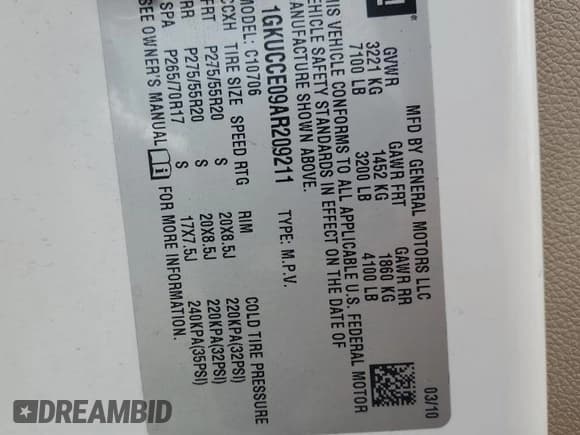 ✅ 2010 GMC Yukon SLT • VIN: 1GKUCCE09AR209211 • Lot: 67913785. Listed on Copart with 185,470 mi. Free auction sales archive from the USA and detailed vehicle history report at DreamBid. Image 13.