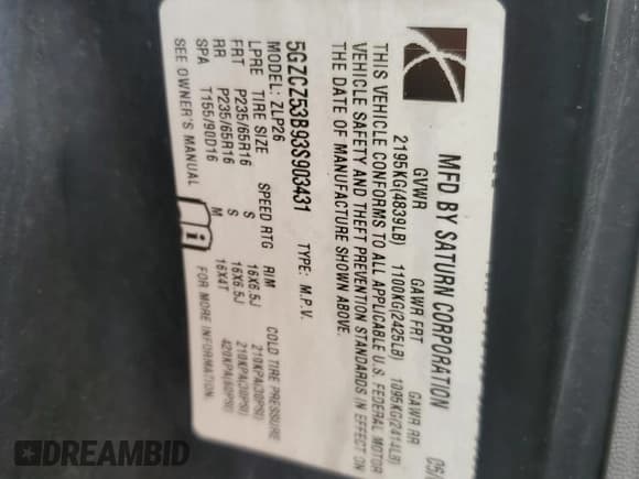 ✅ 2003 Saturn VUE • VIN: 5GZCZ53B93S903431 • Lot: 46496185. Wystawiony na Copart z przebiegiem 310 078 mil. Bezpłatny archiwum sprzedaży aukcyjnych z USA i szczegółowy raport historii pojazdu na DreamBid. Zdjęcie 13.