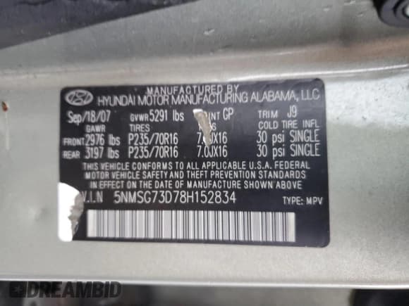 ✅ 2008 Hyundai Santa Fe GLS • VIN: 5NMSG73D78H152834 • Lot: 79892124. Listed on Copart with 189,518 mi. Free auction sales archive from the USA and detailed vehicle history report at DreamBid. Image 13.