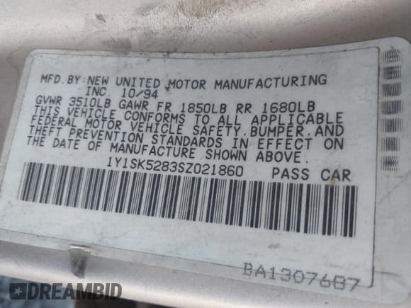 ✅ 1995 Chevrolet Prizm • VIN: 1Y1SK5283SZ021860 • Lot: 43917334. Wystawiony na IAAI z przebiegiem 242 285 mil. Bezpłatny archiwum sprzedaży aukcyjnych z USA i szczegółowy raport historii pojazdu na DreamBid. Zdjęcie 9.