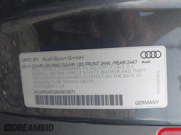 ✅ 2019 Audi RS 5 • VIN: WUAPWAF52KA903871 • Lot: 42513929. Listed on IAAI with 70,250 mi. Free auction sales archive from the USA and detailed vehicle history report at DreamBid. Image 9.