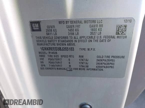 2011 Chevrolet Traverse LS с VIN 1GNKREED3BJ265183, выставлен на аукционе IAAI как лот 43539397 с пробегом Не указан миль и . История ставок и продаж доступна на DreamBid. Изображение 9.