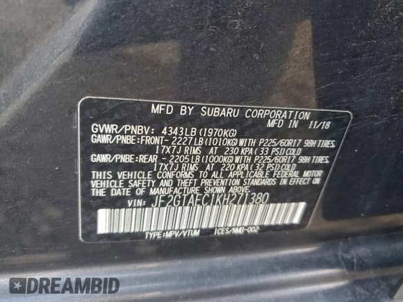 ✅ 2019 Subaru Crosstrek Premium • VIN: JF2GTAEC1KH271380 • Lot: 95445185. Listed on Copart with 119,837 mi. Free auction sales archive from the USA and detailed vehicle history report at DreamBid. Image 13.
